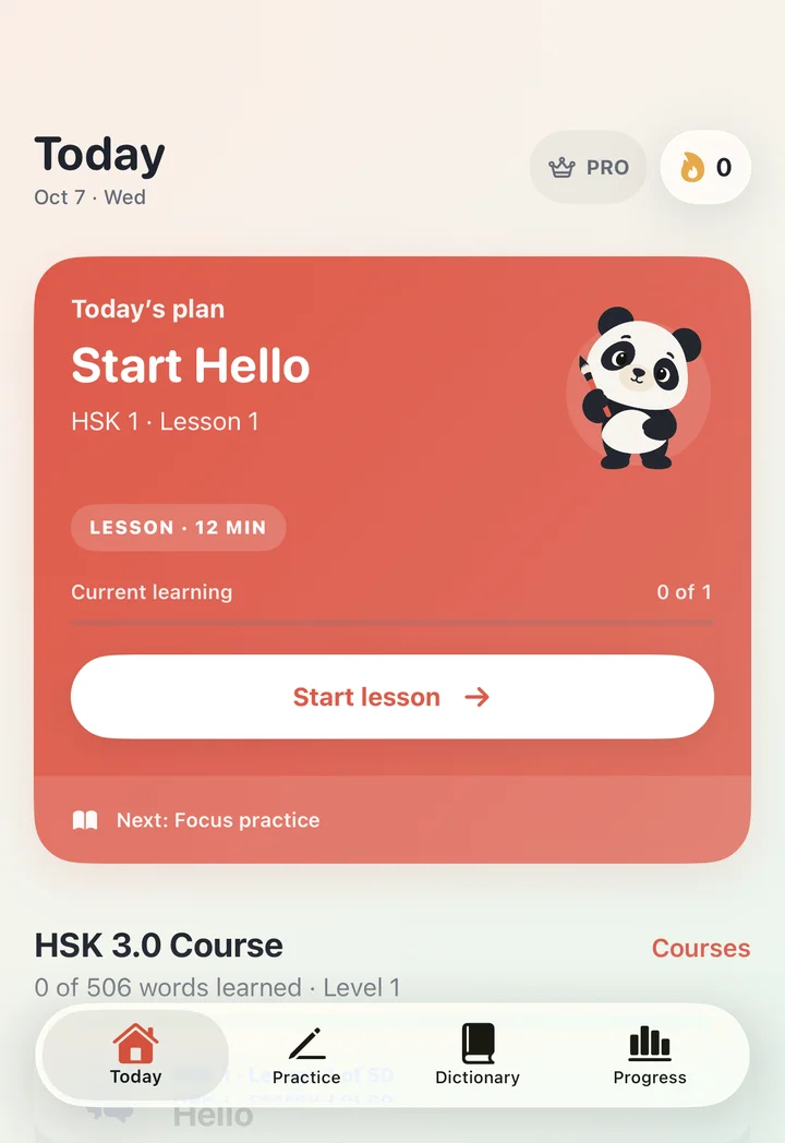Today screen with a daily practice plan and learning progress